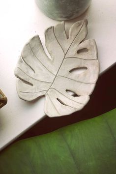 A clay trinket dish made in the shape of a monstera leaf. Made using air dry clay. Air Dry Clay Monstera Leaf, Leaf Clay Dish, Leaf Trinket Dish, Air Dry Clay Home Decor Diy, Nature Clay Projects, Sculpd Pottery Kit Ideas, Pottery Trinket Dish, Air Dry Clay Leaf, Clay Sculpting Ideas