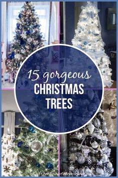 different christmas trees with blue and white ornaments