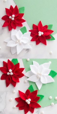 three red and white poinsettis with pearls on them