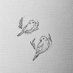 two birds sitting next to each other on top of a piece of paper with leaves