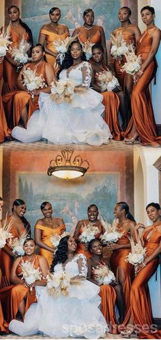 two pictures of the same bride and her bridal party posing for photos in front of a painting