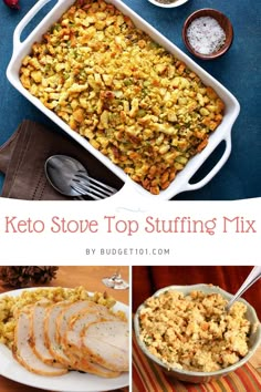 keto stove top stuffing mix in a casserole dish and on a plate