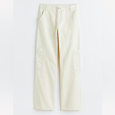 Brand New, Never Worn. Cream Color H&M Wide-Leg Cargo Pants In Cotton Twill With A Regular Waist And Zip Fly With Button. Diagonal Side Pockets, Open Back Pockets, And Patch Leg Pockets. Wide Legs With A Hammer Loop On One Leg. Full Length, Regular Fit Measurements: Inseam/ Inside Leg Length- 30¾ In. Waist- 24½-26 Low Hip- 33¾-35½ White High-waist Cargo Pants With Hip Pockets, White Relaxed Fit Cotton Cargo Jeans, White Straight Cargo Pants With Hip Pockets, White Straight Leg Work Pants For Spring, High Waist White Pants With Hip Pockets, White Straight Pants With Hip Pockets, H&m Straight Leg Cotton Jeans, White Spring Cargo Jeans With Hip Pockets, White Mid-rise Cargo Pants With Side Pockets