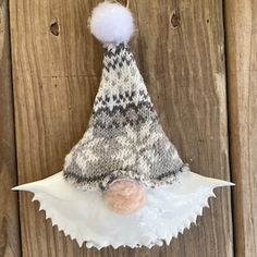 a knitted hat hanging on the side of a wooden door with a pom - pom