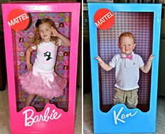 two cardboard boxes with pictures of children in them, one is for barbie and the other is for ken