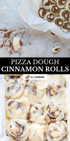 pizza dough and cinnamon rolls are shown in the same pan, with text overlay