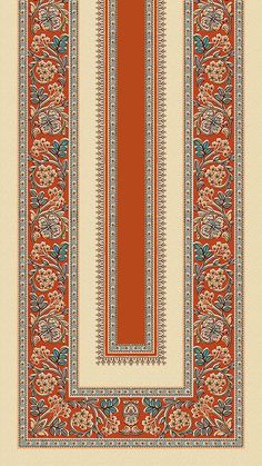 an orange and blue border with flowers on it, in the middle of a beige background