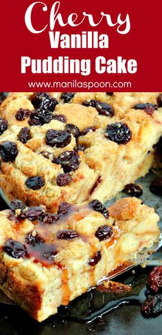 cherry vanilla pudding cake on a baking sheet with the title above it in red and white