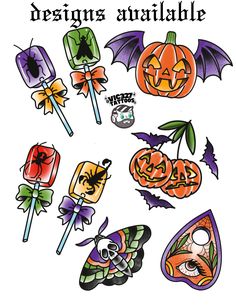 an image of halloween stickers with the words designs available