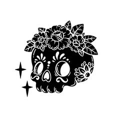 a black and white drawing of a skull with flowers on it's head, surrounded by stars