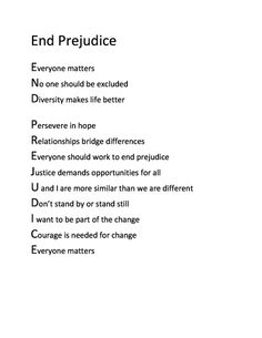 the words end prejudice are written in black and white