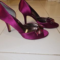 Ann Taylor Satin Pumps Color: Petunia Size: 9 Medium With Large Colorful Rhinestones On Front Peep Toe Purple Rhinestone Heels For Formal Occasions, Purple Rhinestone Formal Heels, Purple Rhinestones Formal Heels, Satin Pumps, Ann Taylor, Shoes Women Heels, Shoes Heels, Pumps, Women Shoes