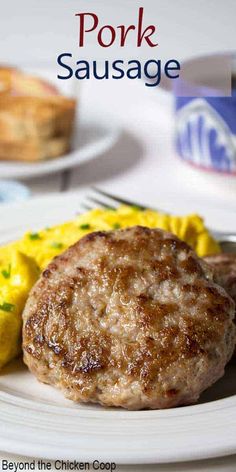 a close up of a plate of food with eggs and meat on it, the title says pork sausage beyond the chicken coop