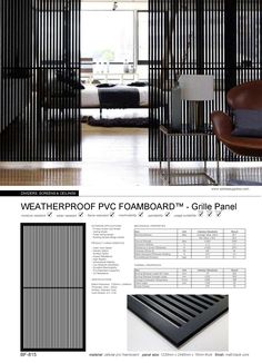 an advertisement for the weatherproof fyc foamboard and grill panel, featuring black slats