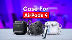 the case for airpods 4 is shown in front of an image of various items