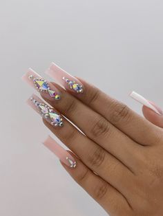 Square Nails With Diamonds, Long Square Nails White, Rhinestone Nails Acrylic, Nude Nails Rhinestones, Nude Tapered Square Nails, Ambre Nails, Acrylic Nails Long, Long Square Nails, Tapered Square Nails