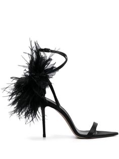 jet black calf leather satin finish feather detailing wraparound style branded insole open toe pointed toe buckle-fastening ankle strap high stiletto heel Le Silla Shoes, Feather Shoes, Feather Heels, Dream Wishlist, Black Open Toe Heels, Shoe Inspo, Dream Shoes, Leather Fabric, Strap Heels