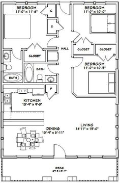 the floor plan for a two bedroom, one bathroom apartment with an attached kitchen and living room