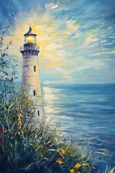 a painting of a light house on the shore with water in the background and sun coming out