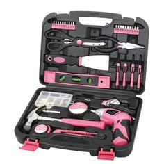 pink and black tool set in case on white background