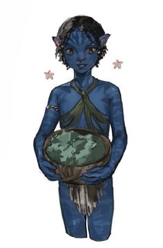 a drawing of a boy with blue skin and green hair holding a plate in his hands