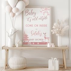 Oh Baby It's Cold Outside in PINK for a fun and festive baby GIRL shower this winter. Come see all the adorable PINK CHRISTMAS themed trees, deer, snowflakes and winter birds in this BABY SHOWER WELCOME SIGN. This sign is classic, yet modern and a great way to greet your guests to honor the mama to be. It is fully customizable and editable with text, graphics, color and style of fonts. This sign comes in a 24x36 AND 18x24 size. If you would like a different size, please message me!  MATCHING BUN Pink And White Christmas Baby Shower, Baby Its Cold Outside Baby Girl Shower Ideas, Baby Its Cold Outside Baby Shower Ideas Pink, Baby It’s Cold Outside Baby Shower Theme Girl Decor, January Baby Shower Themes Girl, Pink Christmas Baby Shower Ideas, Baby It’s Cold Outside Shower Theme, Winter Themed Baby Shower Ideas, January Baby Shower Themes