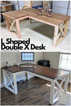 two different views of an l shaped desk with the same design and construction details on it