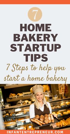 a woman holding a tray with donuts in it and the words 7 home bakery start - up tips