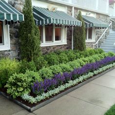 an outside view of a house with flowers in the front yard