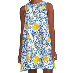 Loose-fit, mid-length sleeveless dress with silky handfeel. Printed on both sides. Machine washable. Size range XS-2XL. Summer,citrus,mosaic background ,Mediterranean style,lemon fruit pattern Fruit Mosaic, Sicilian Style, Style Tiles, Mosaic Background, Tiles Pattern, Lemon Fruit, Style Tile, Fruit Pattern, Mediterranean Style