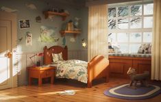 a child's bedroom with wooden floors and walls