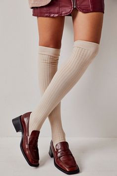 Viola Over The Knee Socks | Free People Over The Knee Socks Outfit, Boots And Mini Skirt, Knee High Socks Aesthetic, Knee Socks Outfits, Long Socks Outfit, Socks Over Leggings, Socks With Heels, Boots And Socks, Knee High Socks Outfit