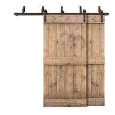 an open wooden door with metal bars on the top and bottom, against a white background