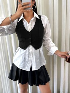 Negro Casual Collar sin mangas Tela Liso Chaleco Embellished No-Elástico Waistcoat Woman Outfit, Outfits With Vest, Waistcoat Outfit, Black Waistcoat, Waistcoat Woman, Costume Noir