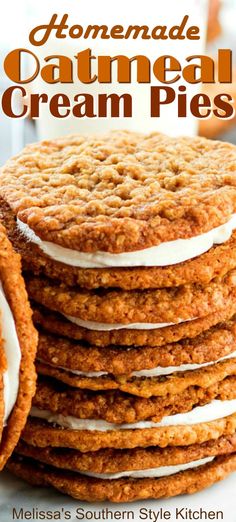 homemade oatmeal cream pies stacked on top of each other with the title overlay