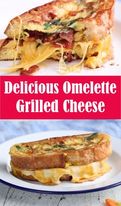 delicious omelette grilled cheese sandwich on a white plate with text overlay