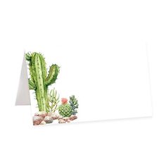 a card with a watercolor cactus and rocks on the bottom, in front of a white background