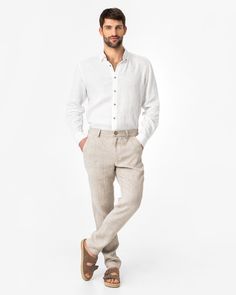 Beat the heat. Regular straight leg men’s linen pants SOGLIO in Natural melange saves from a headache on what to wear during sunny days. These linen pants feature a smart design that helps them seamlessly integrate into both work and casual outfits. Comfort is guaranteed due to the breathability of linen fabric. Wear them with loafers or sandals, depending on the formality. • Regular-straight leg, mid-rise style • Flat waistband in front, elasticated waist in back • Zip fly with a coconut button Wedding Pants, Wrinkled Clothes, Mens Linen Pants, Mens Linen, Civil Wedding, Baddie Outfits Casual, Smart Design, Clothing Care, Linen Clothes