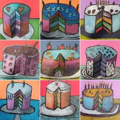 several different cakes with candles on them are painted in pastel pencils and crayons