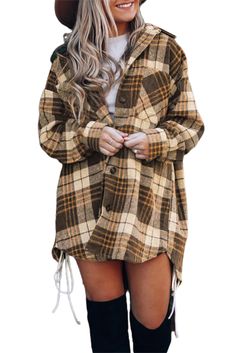 Khaki Grid Print Boyfriend Shirt Coat Brown Long Sleeve Flannel Shirt For Spring, Khaki Long Sleeve Winter Shirt, Khaki Long Sleeve Shirt For Winter, Fall Winter Jacket, Preppy Plaid, Grid Print, Trendy Jackets, White Bodycon Dress, Boyfriend Style