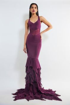 Wine halter neck gown with sheer panelled waistband and ruffle pleated border. - Aza Fashions Gowns Purple, Purple Plain, Halter Neck Gown, Wine Dress, Gown For Women, Party Fits, Ladies Gown, Mermaid Gown, Ruffle Skirt