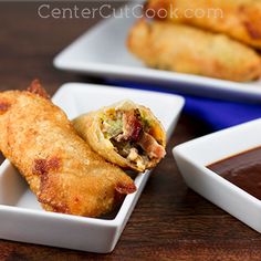 three different pictures of food on plates with dipping sauce