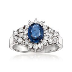 Ross-Simons - 1.50ct Sapphire, .65ct t. w. Diamond Ring Oval Cut in 14kt White Gold. Size 7. Steeped in superb sparkle, this magnificent ring features an ultra-vivid 1.50 carat oval sapphire shining amid a dazzling clustered arrangement of .65 ct. t. w. round brilliant-cut diamonds. Finely crafted in polished 14kt white gold. 1/2" wide. Diamond and sapphire ring. Sapphire birthstones are the perfect gift for September birthdays. Diamond Ring Oval, Diamond And Sapphire Ring, Ring Inspo, Sapphire Birthstone, September Birthday, Ring Sapphire, Ring Oval, Round Brilliant Cut Diamond, Oval Cut