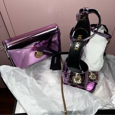 Authentic Versace Shoe And Matching Bag Size 6.5 Sandal Lillia Crystal Luxury Purple Evening Sandals, Luxury Purple Leather Sandals, Designer Purple Sandals For Formal Occasions, Luxury Purple Evening Heels, Versace Shoes, Color Purple, Limited Time, Versace, Size 6