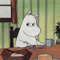 a cartoon character sitting at a table with food in front of him and an empty plate on the table