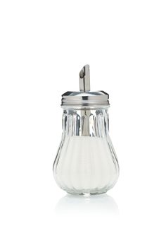 an empty glass jar with a metal lid on a white background, it has a silver handle