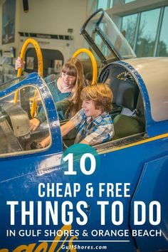 two children in an airplane with text overlay reading 10 cheap and free things to do in gulf shores & orange beach