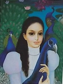 a painting of a woman holding a bird in front of two peacocks on the ground