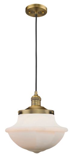 Includes 10 feet of cord. Solid brass 90 degree hang straight swivel for sloped ceilings included. 4.5 inch 2mm heavy cast canopy. Innovations Lighting Oxford Brushed Brass Traditional Opal Glass Schoolhouse Medium Hanging Pendant Light | 201C-BB-G541 School House, Industrial Pendant, Hanging Pendant Lights, Glass Pendant Light, Hanging Pendants, Brushed Brass, Incandescent Bulbs, Mini Pendant, Ceiling Fixtures