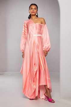 Pink draped asymmetric maxi dress with abstract print. Comes with a contrasting belt that cinches on one side of the belt. - Aza Fashions Drape Maxi Dress, Maxi Dress For Women, Pink Maxi, Satin Color, Pink Abstract, Modern Bride, Pink Satin, Dress For Women, Womens Maxi Dresses